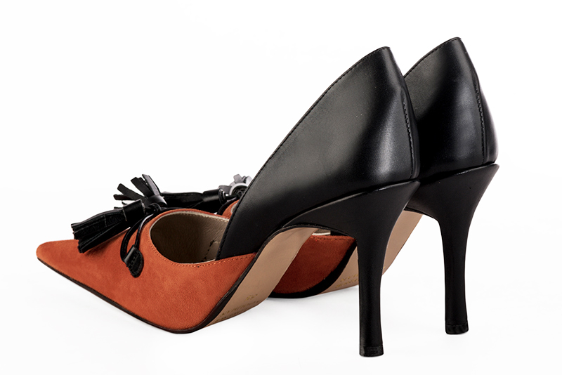 Terracotta orange and satin black women's open arch dress pumps. Pointed toe. Very high slim heel. Rear view - Florence KOOIJMAN